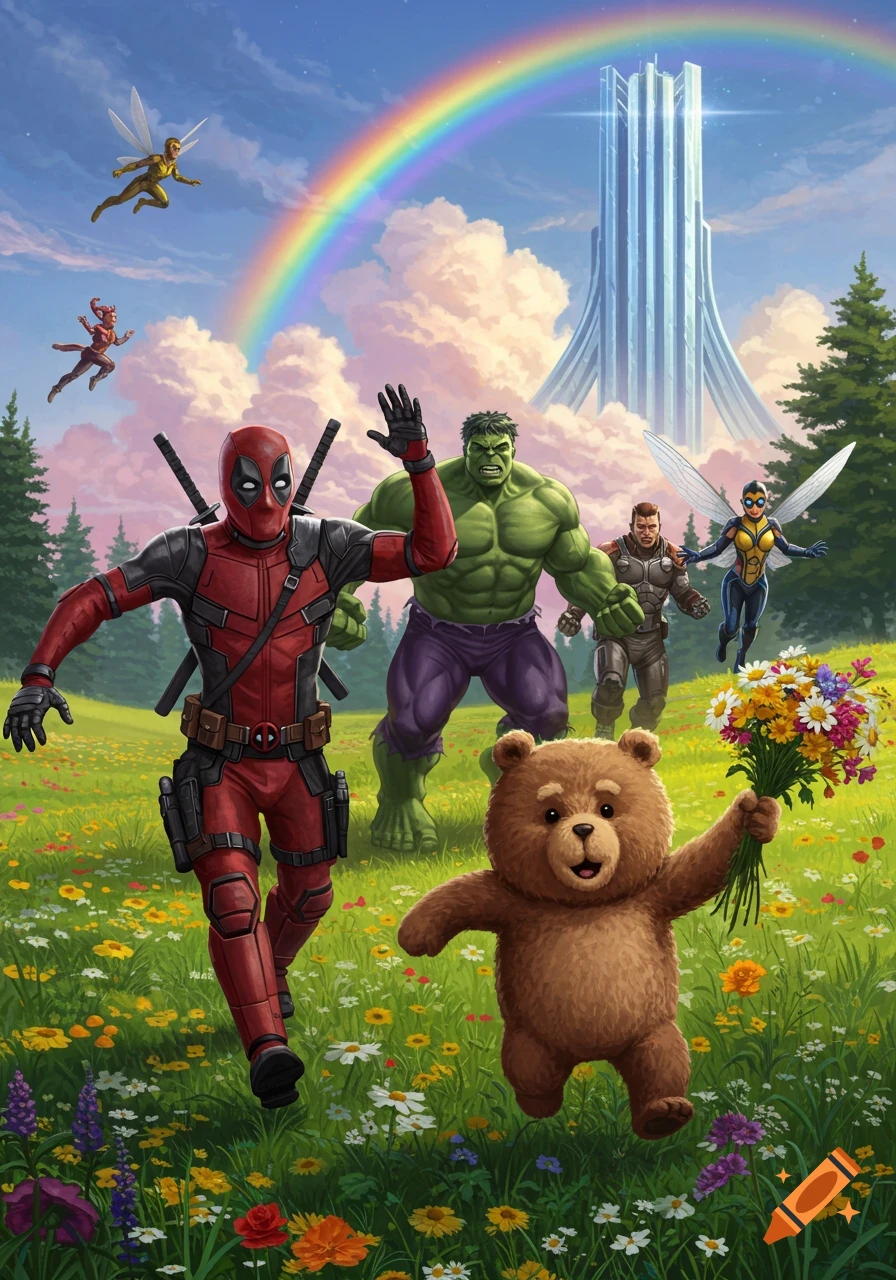 Deadpool and a teddy bear with flowers skip through a flowery meadow. Hulk, Wasp, and another hero follow, with a rainbow and futuristic building in the sky.