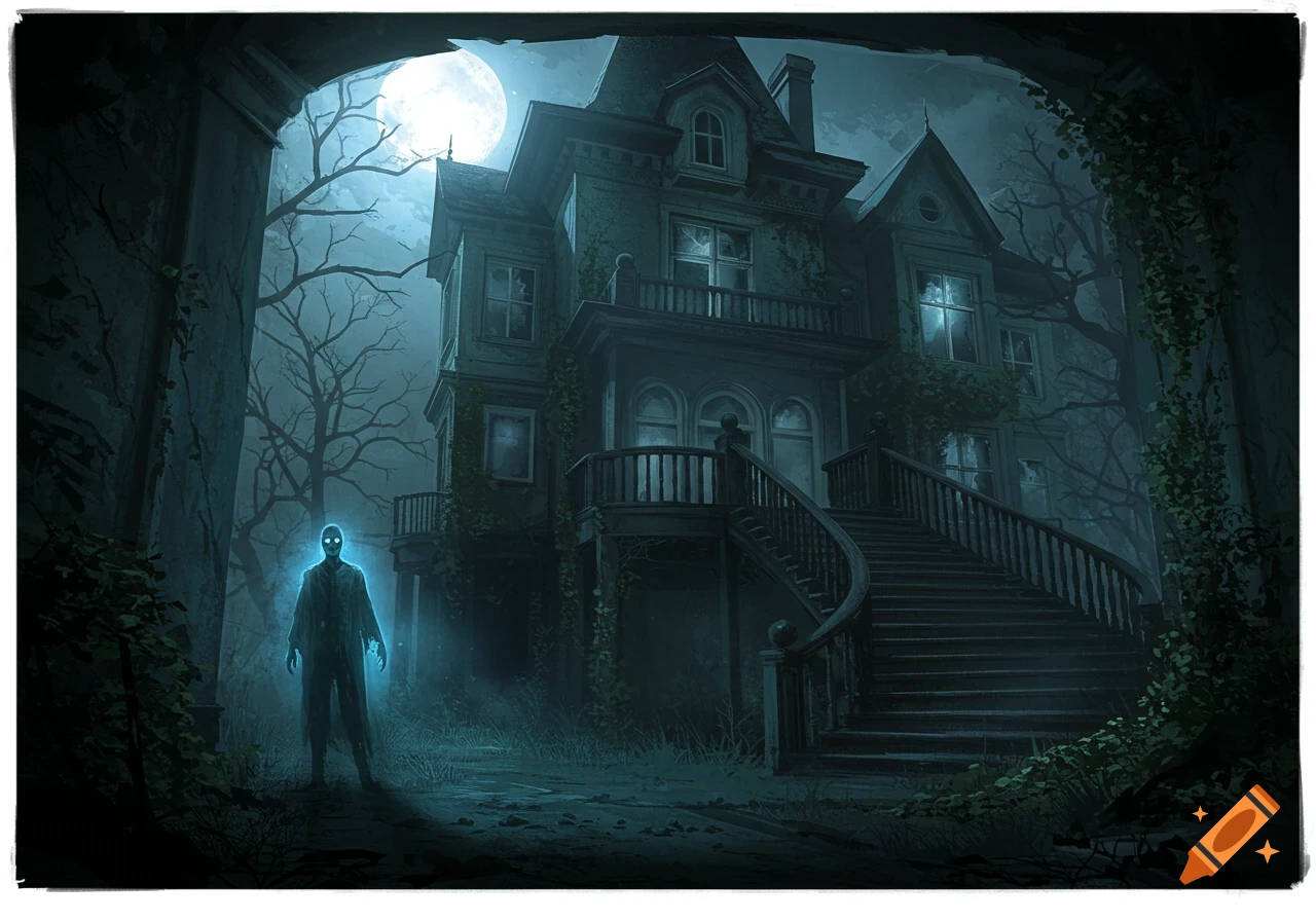 A glowing blue ghost stands before a spooky, overgrown mansion with a full moon in a dark, atmospheric painting.