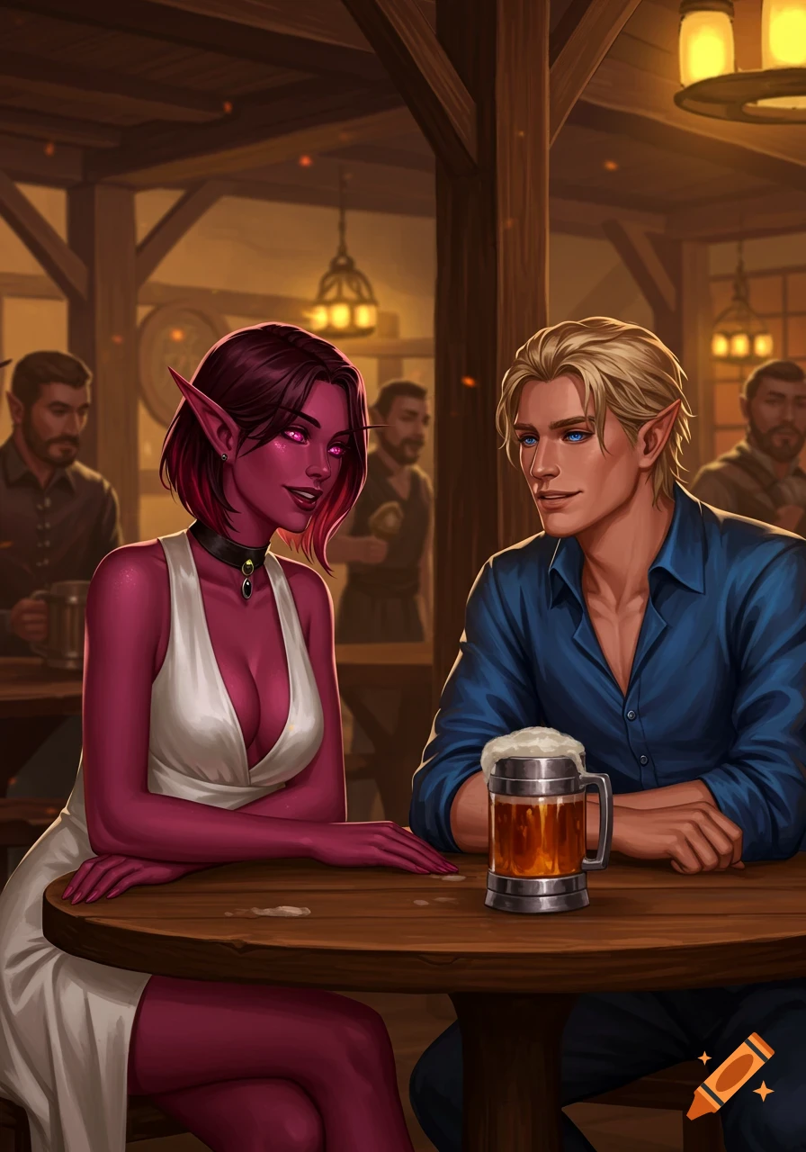 A red-skinned female elf in a white dress flirts with a blond male elf in a blue shirt at a tavern table, in a fantasy art style.