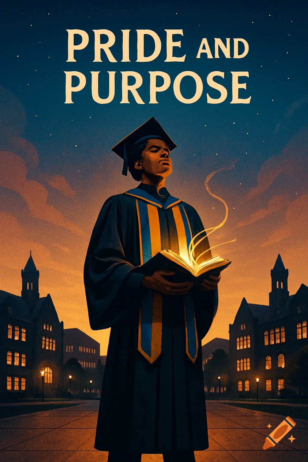 Illustrated graduate in cap and gown holding a glowing book on a university campus at sunset, with 'PRIDE and PURPOSE' text.