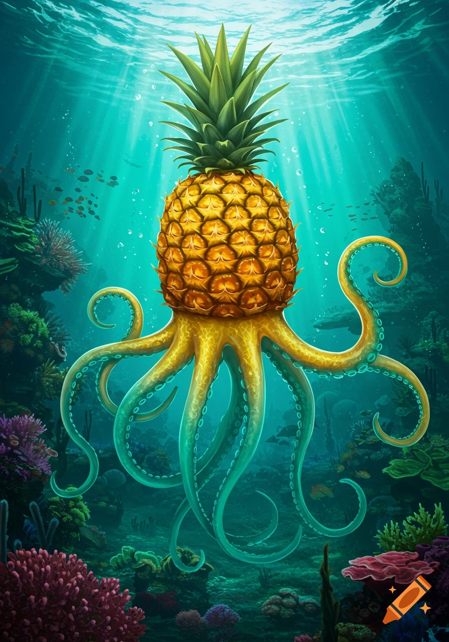 A vibrant pineapple-octopus creature swims in a sunlit coral reef, surrounded by colorful fish and marine plants, in a whimsical art style.