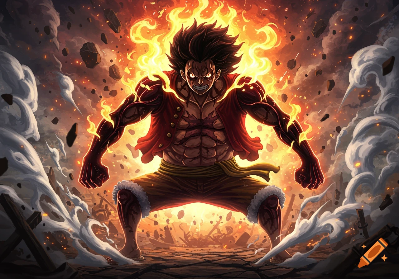 Muscular anime man in red vest, glowing with flames and power, amidst smoke and destruction.