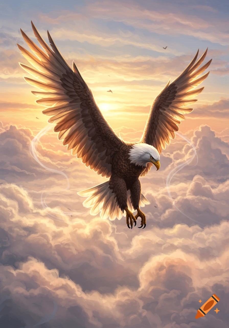 A majestic bald eagle soars with wings spread wide above golden clouds at sunset, in a detailed artistic style.