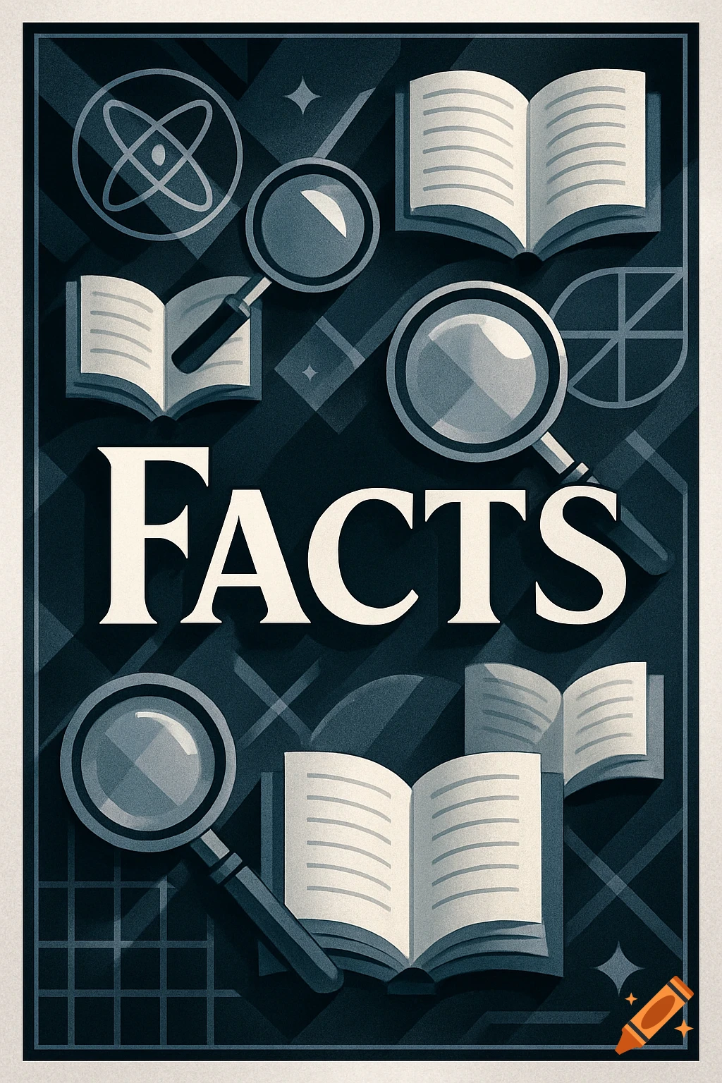 A graphic illustration with the word 'FACTS' in large white letters, surrounded by open books, magnifying glasses, and scientific symbols on a dark blue background with textured details.