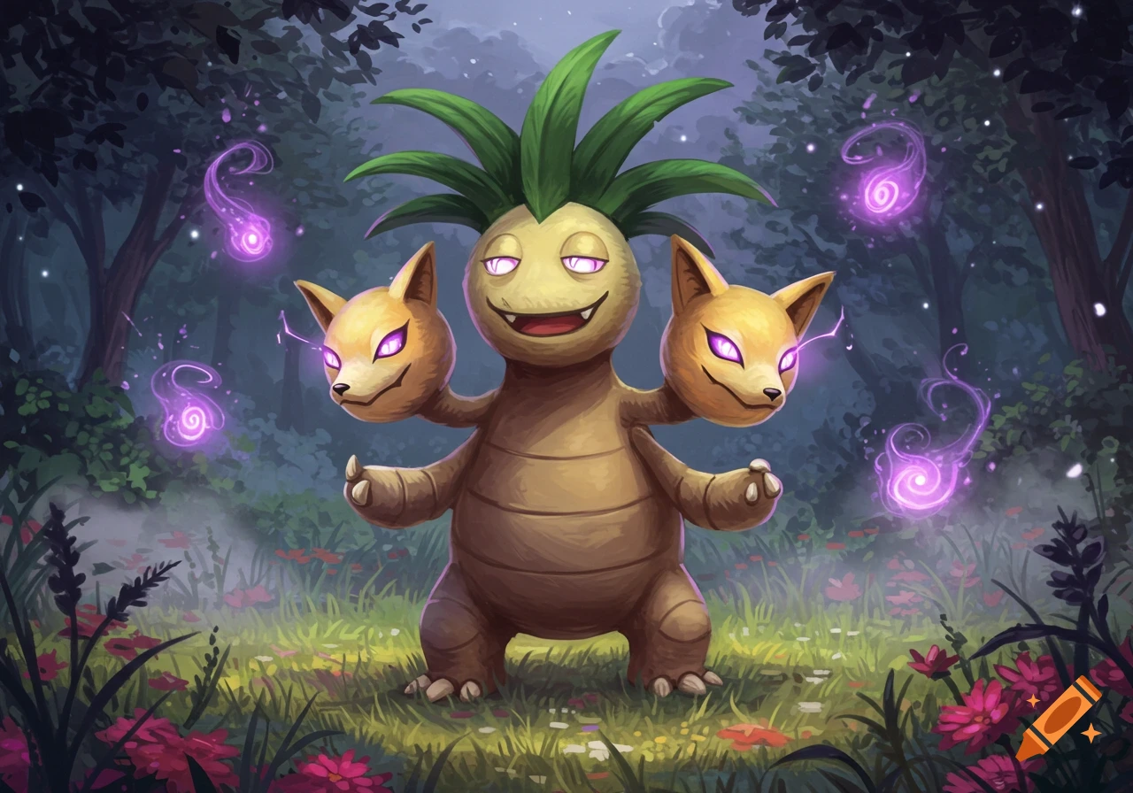 A three-headed creature, a mix of Exeggutor and Kadabra, in a mystical forest with purple energy.