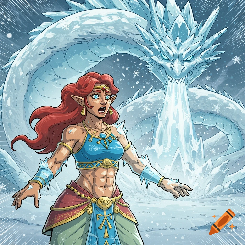 Comic book art of a surprised red-haired woman with elf ears and muscular abs, dressed in blue and gold, facing an ice dragon breathing ice.