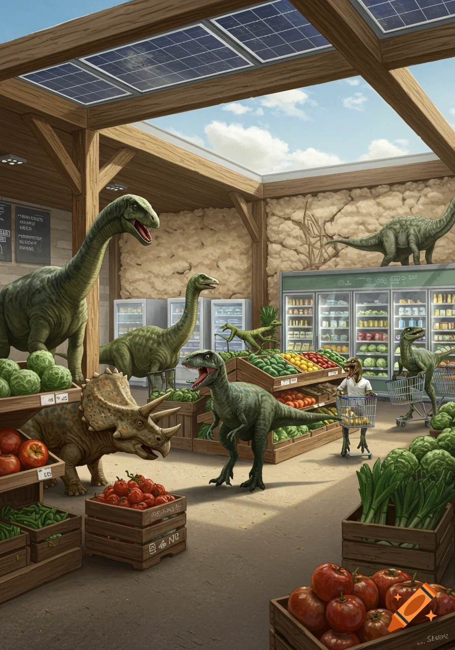 An illustration of dinosaurs of various species shopping in a modern, sustainable supermarket with solar panels on the roof and produce displays.