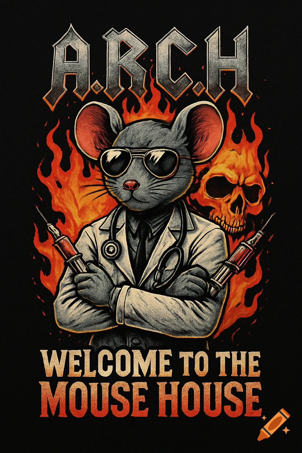 Stylized illustration of a mouse doctor in sunglasses, lab coat, holding syringes, with flames, a skull, and metal text.