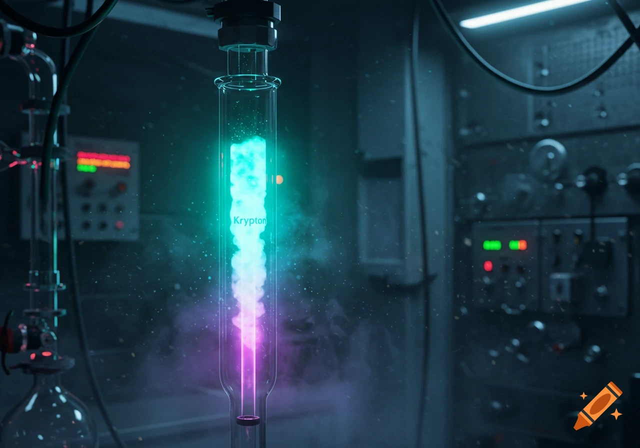 Krypton gas glows bright green and purple inside a clear glass tube in a dark, detailed laboratory setting.