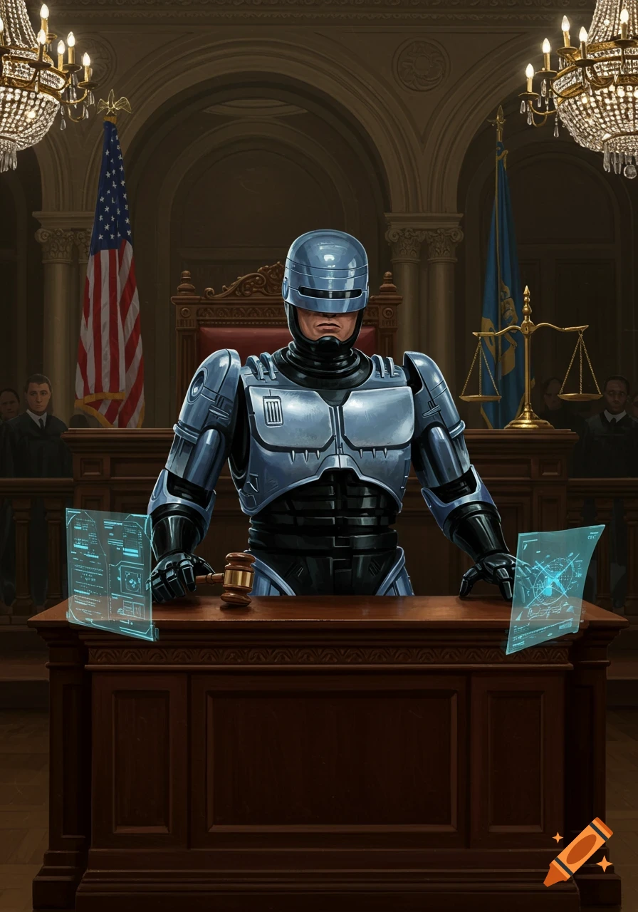Robocop as a judge, standing behind a wooden bench in a courtroom, holding a gavel, with holographic screens on the desk. An American flag and a scale of justice are in the background.