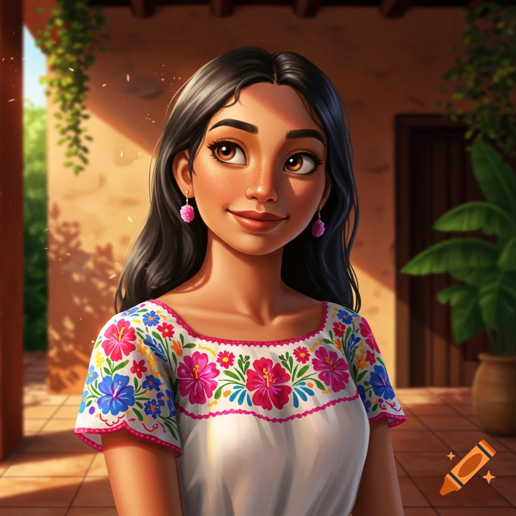 Illustrated portrait of a young woman with dark hair, brown eyes, and freckles, wearing a white traditional embroidered dress with colorful flowers, smiling outdoors.