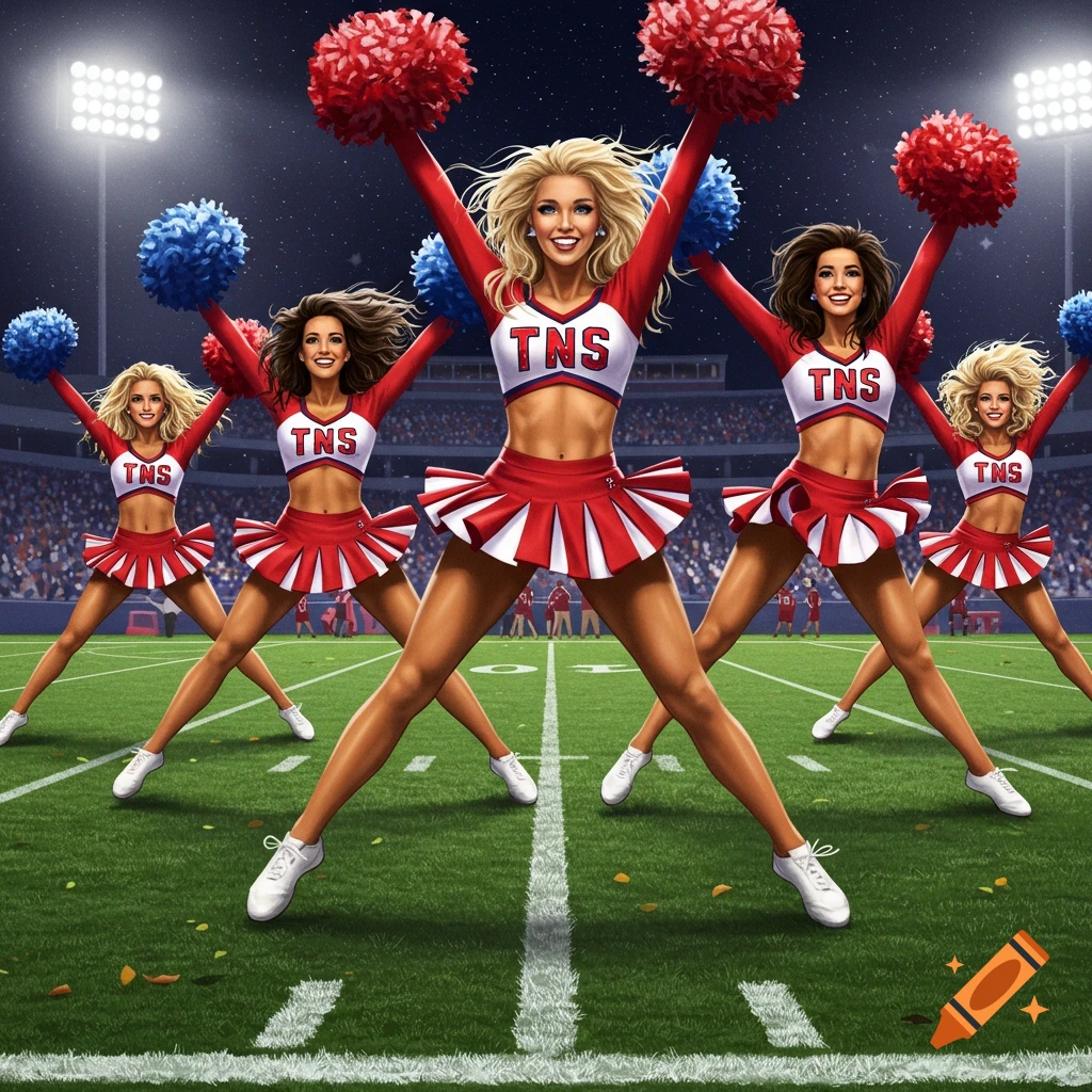 Five cheerleaders in red and white uniforms with red and blue pom-poms perform a routine on a football field at night.