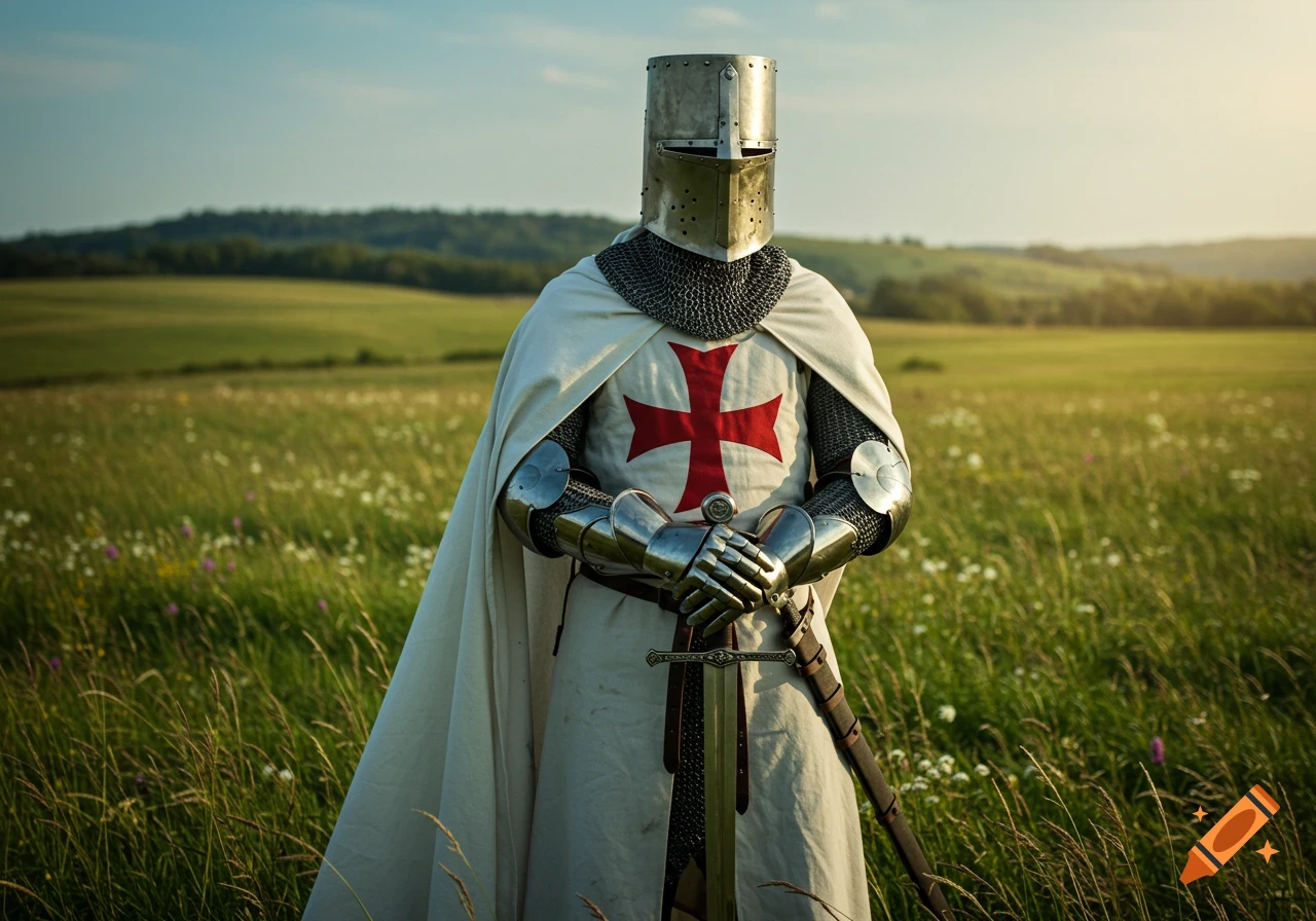 A photorealistic image of a Templar knight in full armor and white surcoat with a red cross, standing in a grassy field, holding a sword.