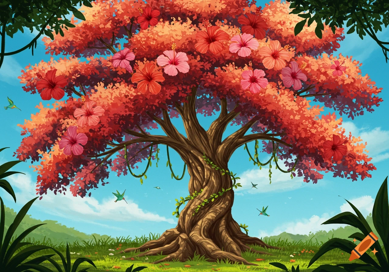 Vibrant illustration of a large tropical tree with red and pink hibiscus flowers, green vines, and hummingbirds in a sunny landscape.