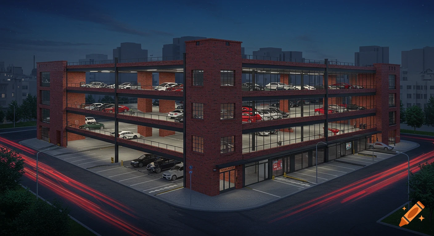 An aerial view of a red brick parking garage with multiple levels filled with cars at night in an urban setting. Red light trails on the street below.