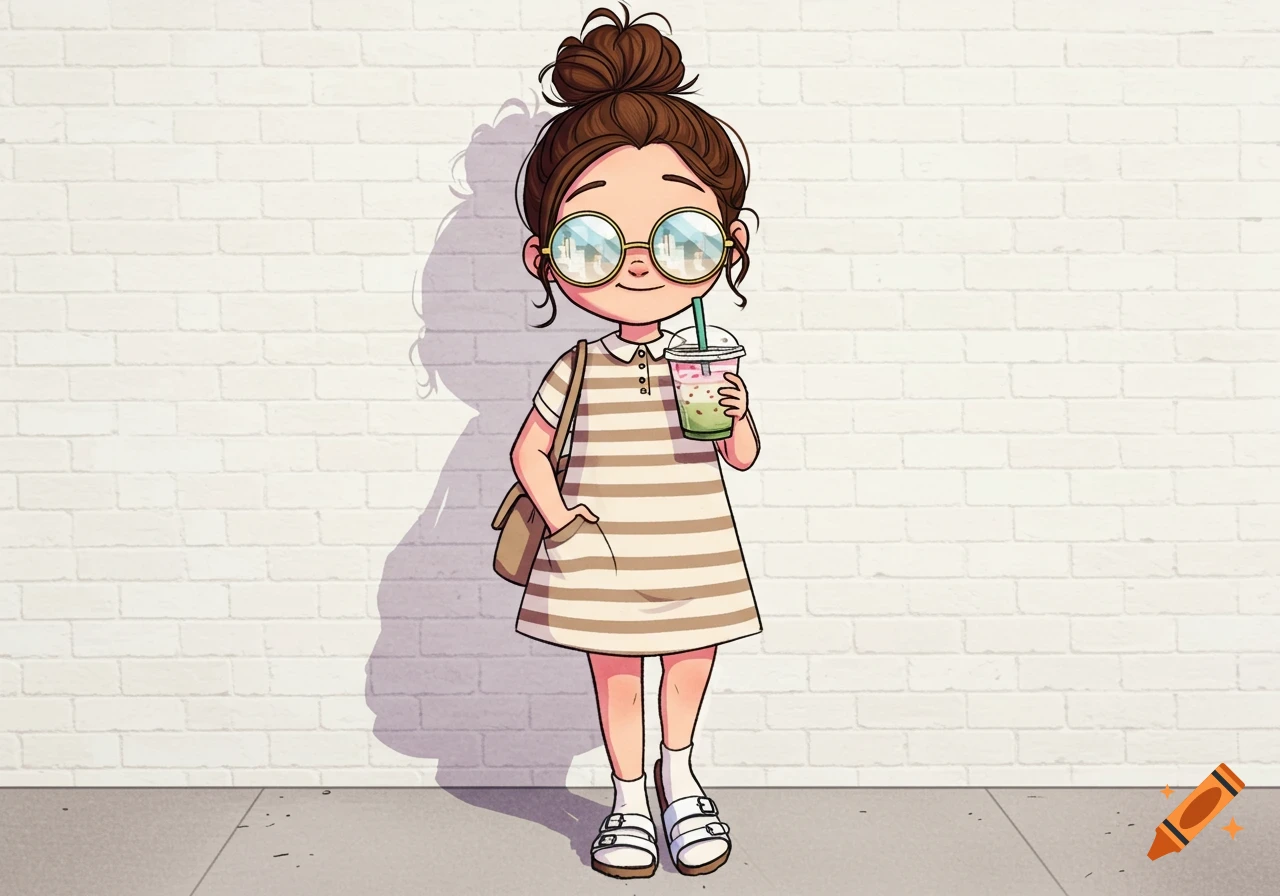 A cartoon girl with a messy bun, round glasses, striped dress, and white sandals, holding a drink, stands against a white brick wall.