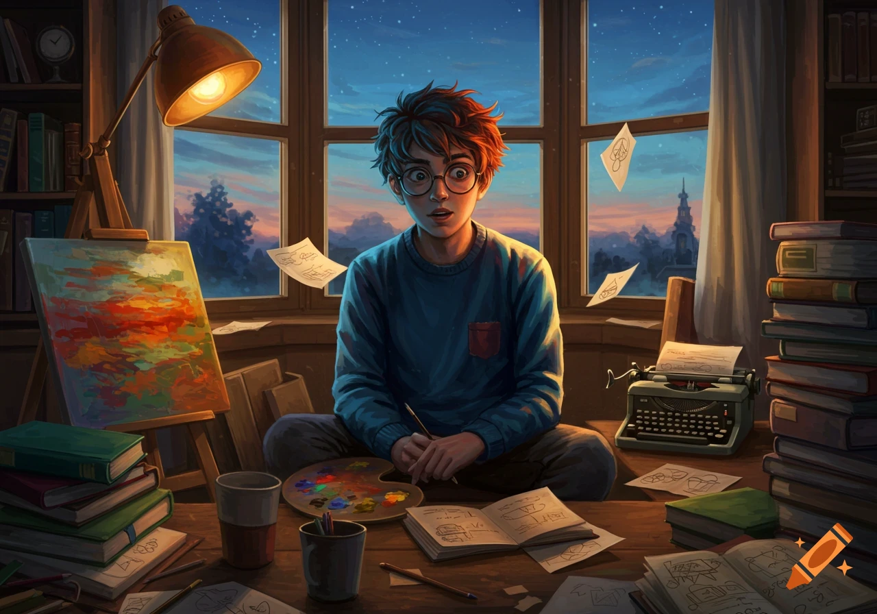 A wide-eyed boy in glasses sits at a cluttered desk with art supplies, books, and flying papers, against a starry twilight window, painterly style.