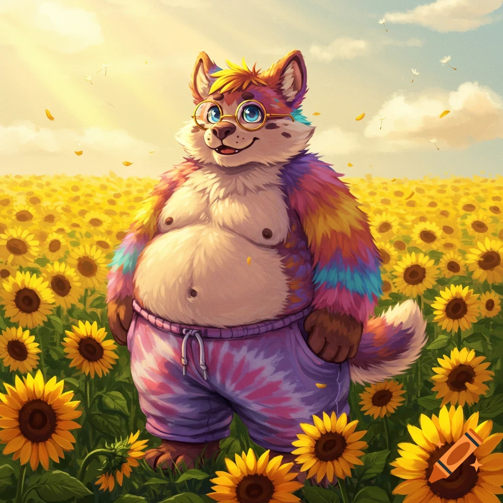 A fat, hippy, rainbow-furred anthropomorphic character with glasses stands in a sunny sunflower field, wearing tie-dye sweatpants.