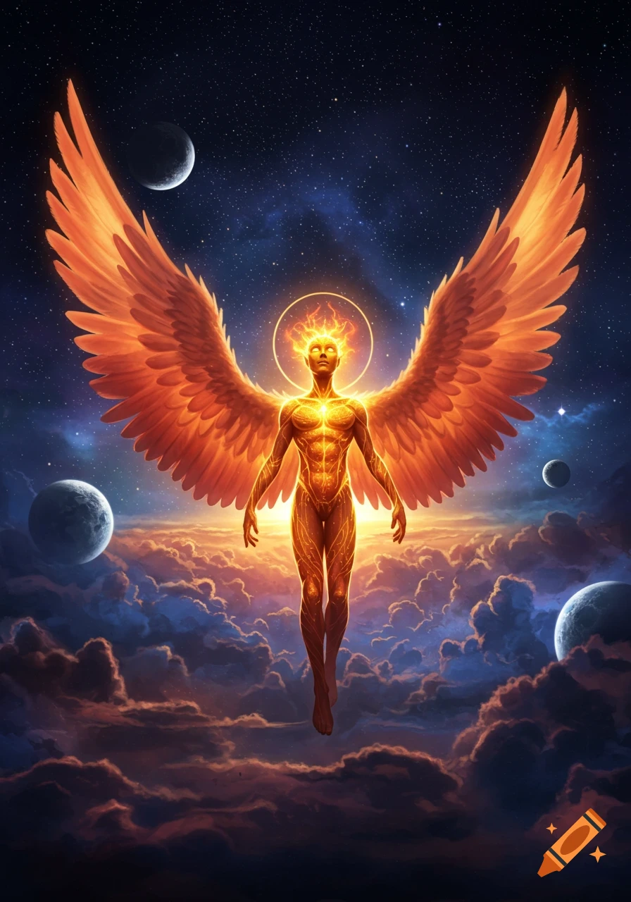 A glowing, fiery-winged humanoid figure with an aura floats above clouds in a starry cosmos with moons and planets visible.