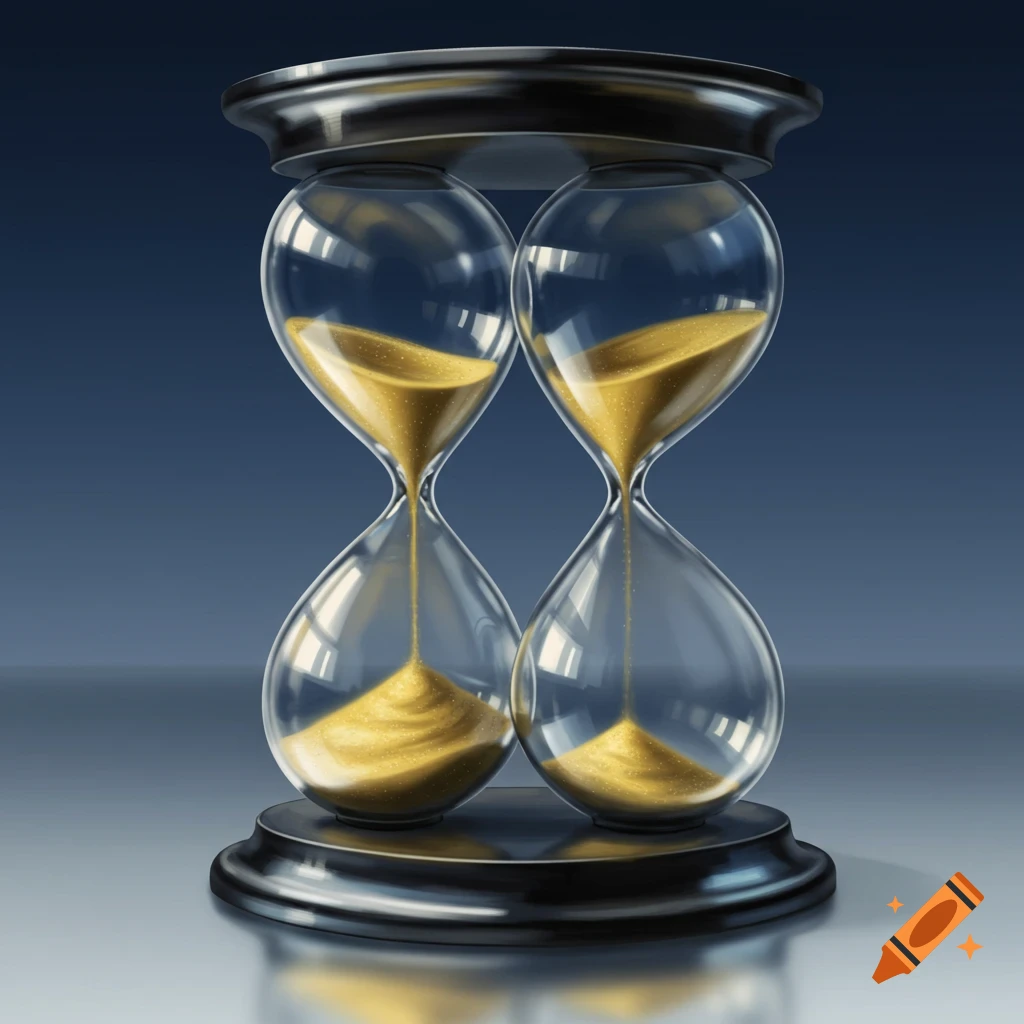 Two realistic hourglasses with golden sand flowing inside, set against a dark blue background.