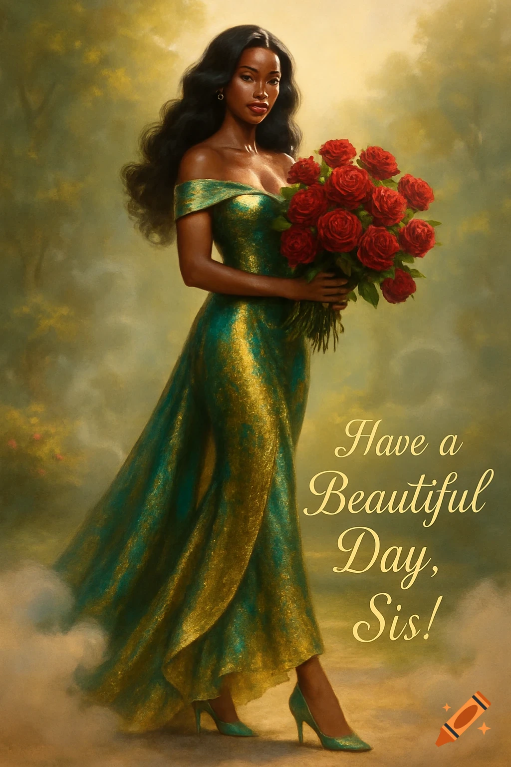 A beautiful African American woman in a shimmering green and gold gown holds red roses in a dreamy painted setting. Text says 'Have a Beautiful Day, Sis!'.