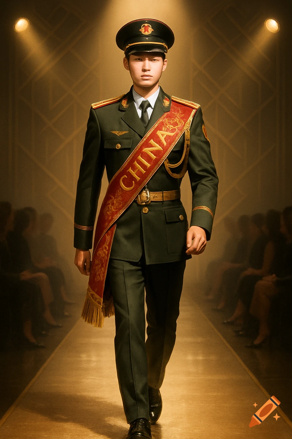 A young Chinese soldier in a dark green uniform and cap with a red 'CHINA' sash walks a golden fashion runway.