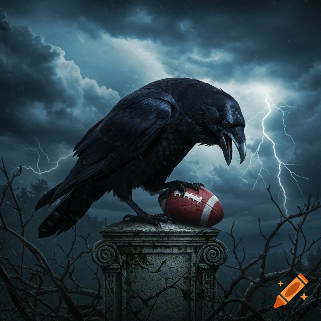 A large black raven clutches a football while perched on a crumbling stone pillar under a dramatic, stormy sky with lightning, photorealistic.