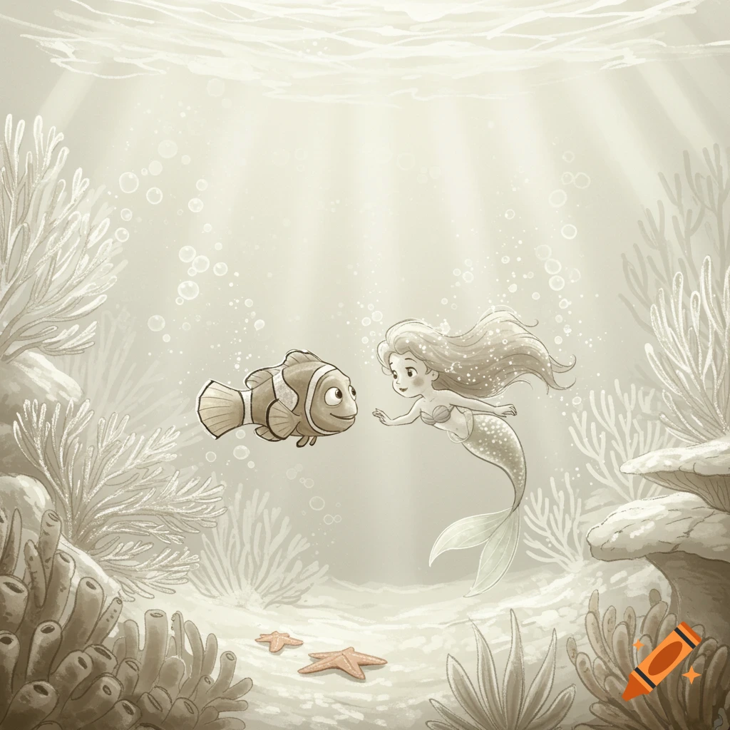 Cartoon illustration of a mermaid and a clownfish interacting underwater amidst coral and starfish in sepia tones.