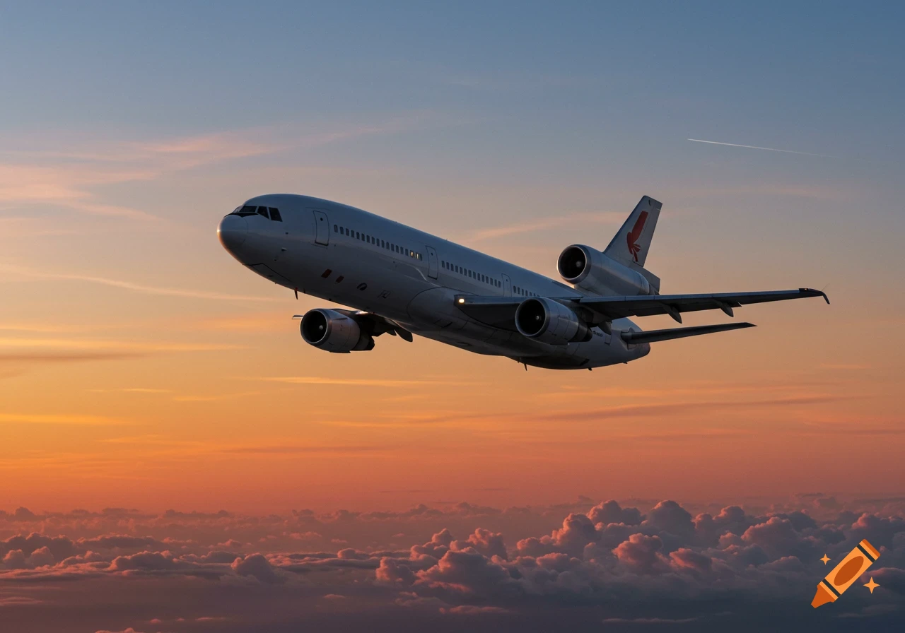A white passenger airplane ascends into a vibrant orange and blue sunset sky above fluffy clouds.
