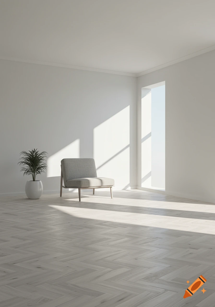 Minimalist living room with white walls, gray armchair, potted plant, and sunbeams on herringbone wooden floor.