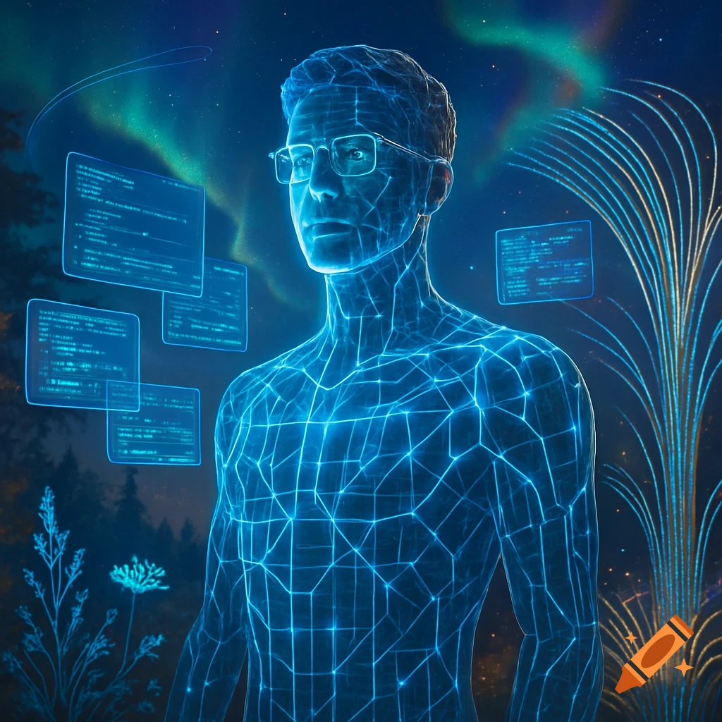 A glowing blue wireframe man in glasses stands in a digital forest with floating code screens and aurora borealis. Digital art.