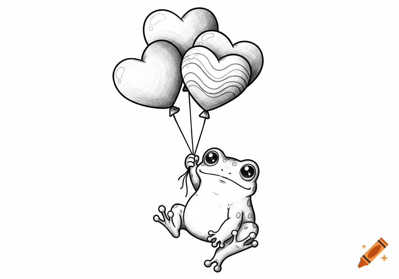 A black and white sketch of a cute frog holding four heart-shaped balloons, in a tattoo art style.