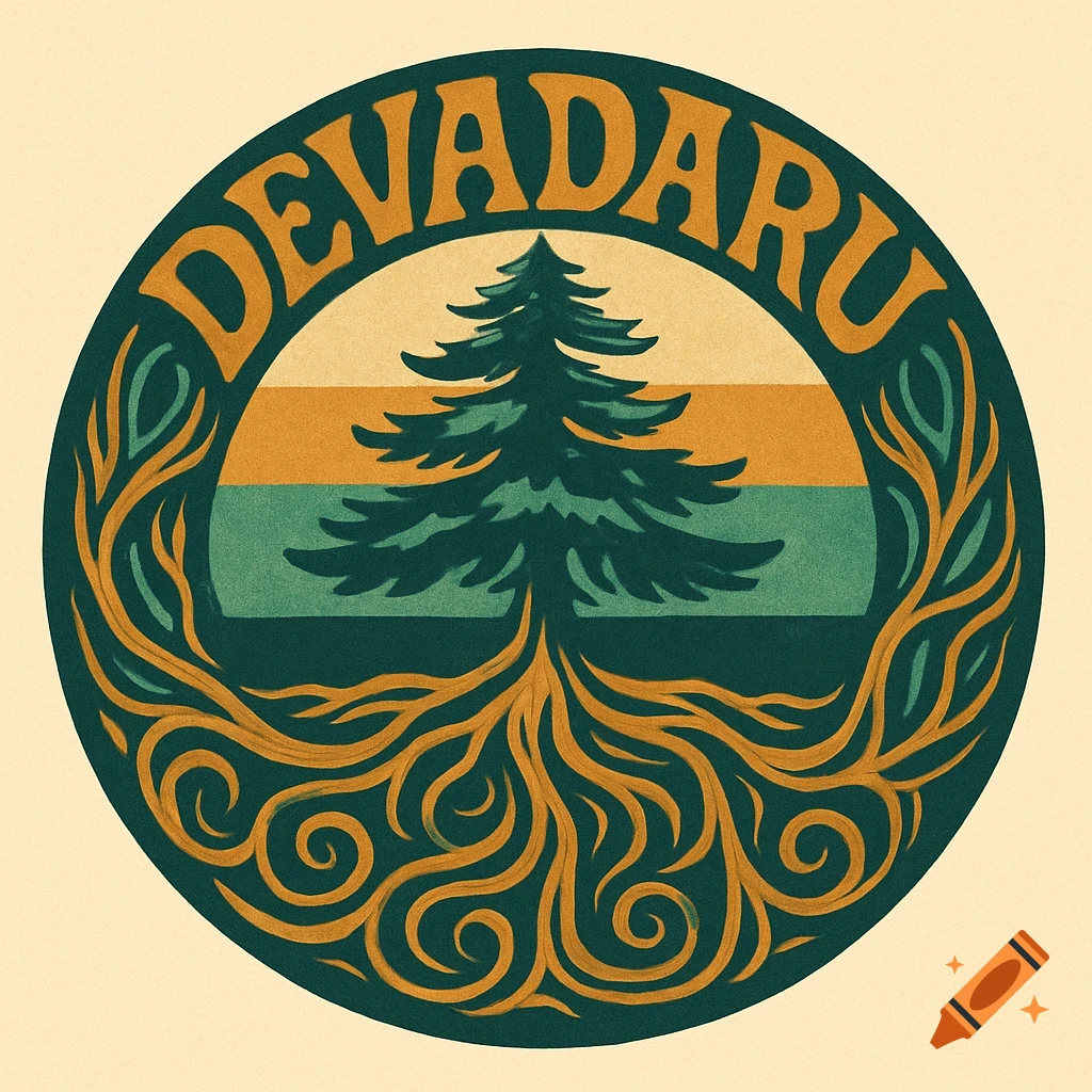 A circular vintage-style badge logo with the word 'DEVADARU' arched over a stylized cedar tree with flowing roots.