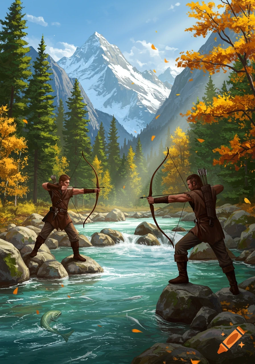 Two archers stand on rocks in a clear mountain river, surrounded by autumn trees and snowy peaks, aiming their bows. Digital painting.
