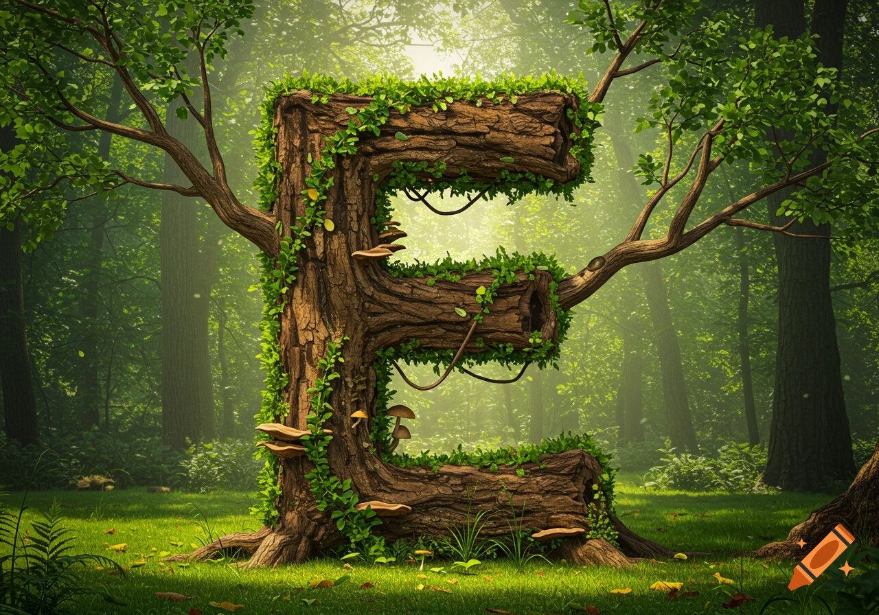 A large, photorealistic letter E formed by a tree trunk, covered in leaves and mushrooms, standing in a lush green forest.