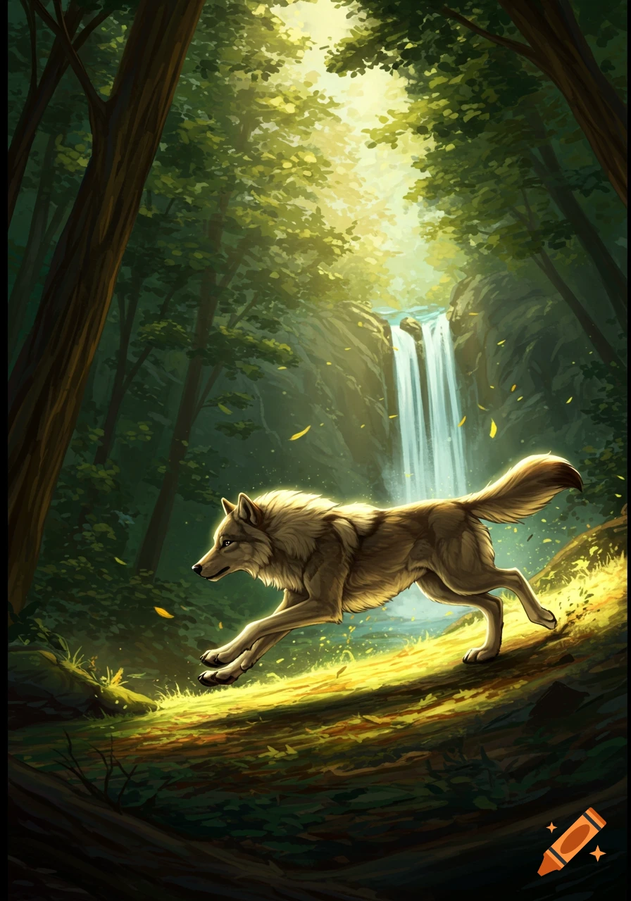 A stylized wolf runs through a sun-dappled forest with a waterfall in the background.
