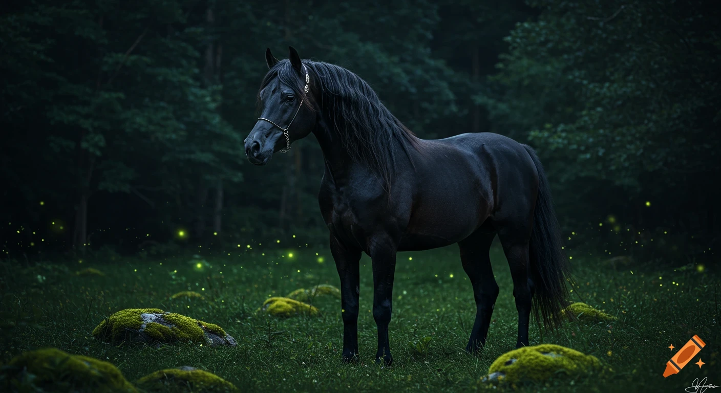 A majestic black Arabian stallion stands in a dark, misty forest meadow filled with glowing fireflies and mossy rocks. Photorealistic style.