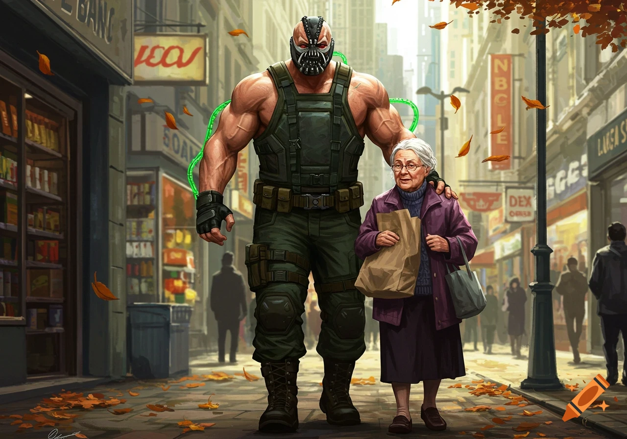 Bane, a muscular man in a mask, walks with an old woman carrying groceries on an autumn city street in a comic art style.