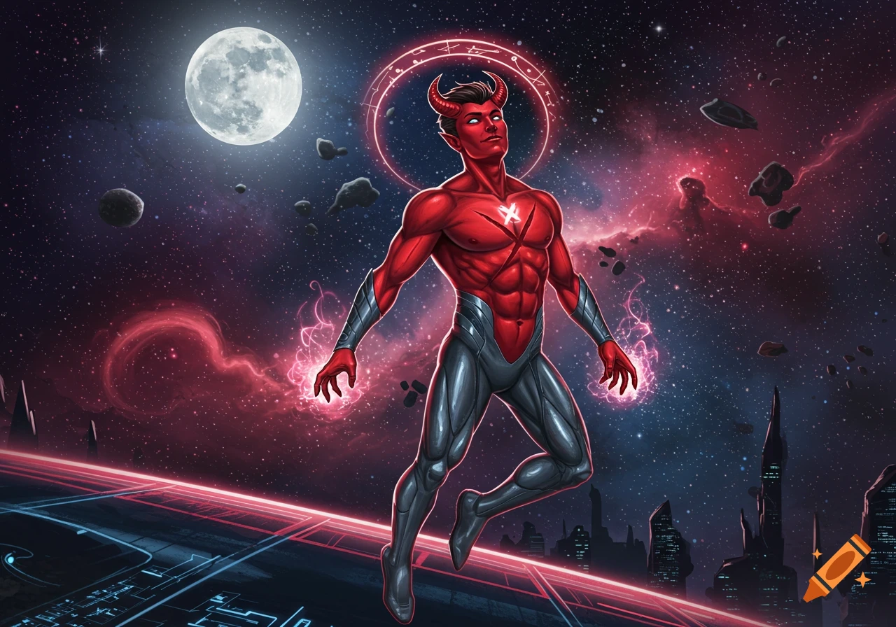 Red-skinned, horned superhero in a suit, floating in space with a full moon, asteroids, and a futuristic city below, emitting red energy.