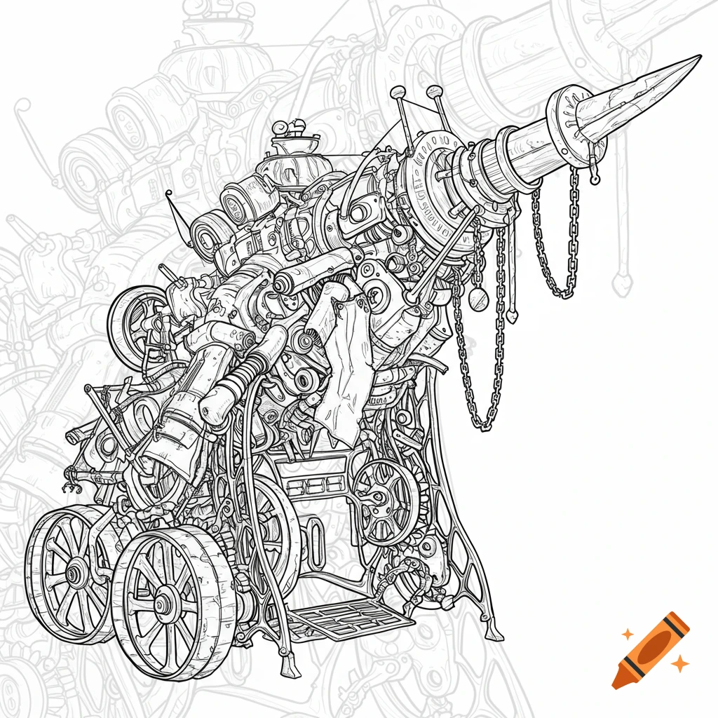 Black and white line art illustration of an elaborate battering ram made from intricate sewing machine parts and junk.
