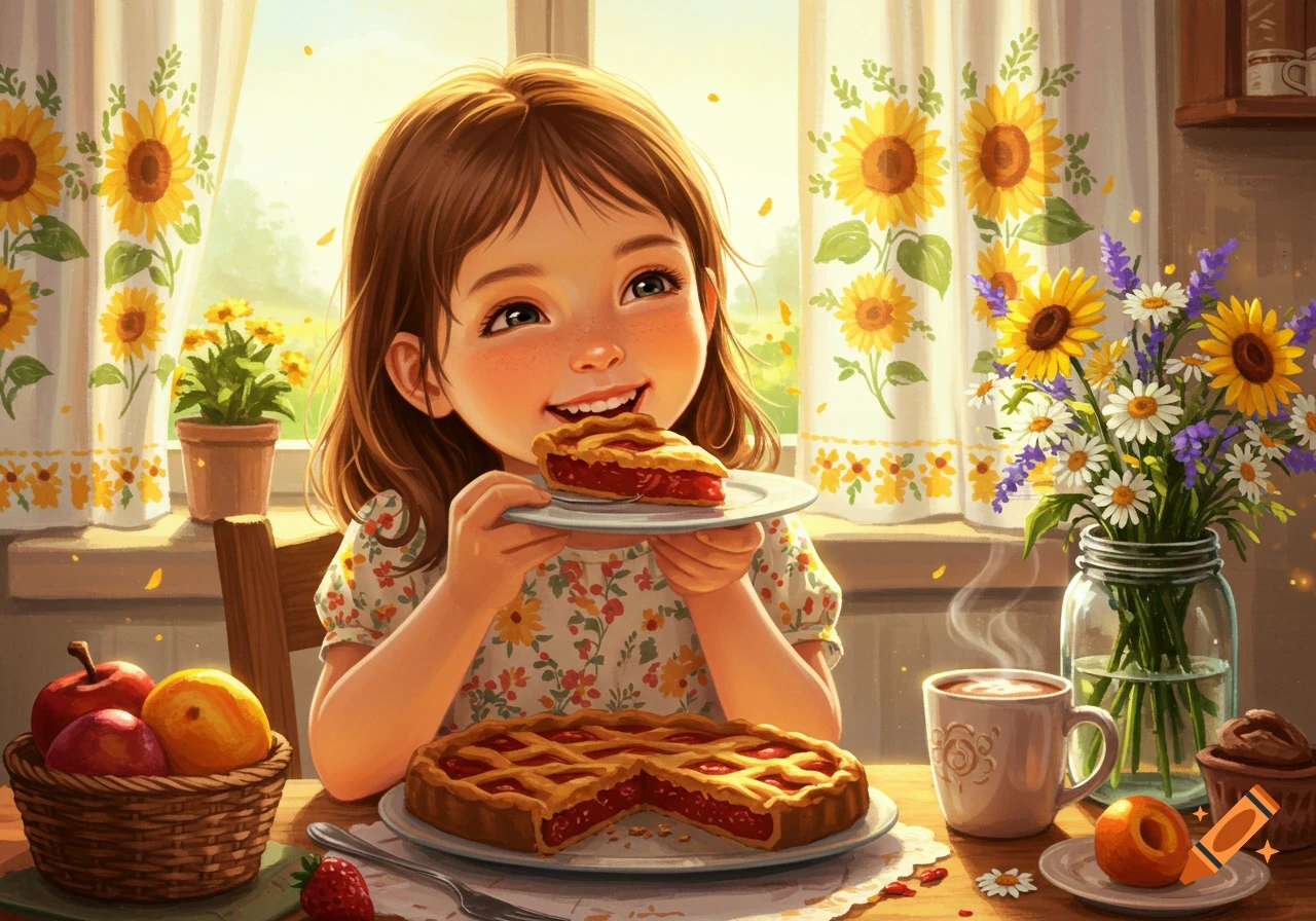A cute illustrative girl happily eating a slice of cherry pie in a sunlit kitchen with sunflowers.