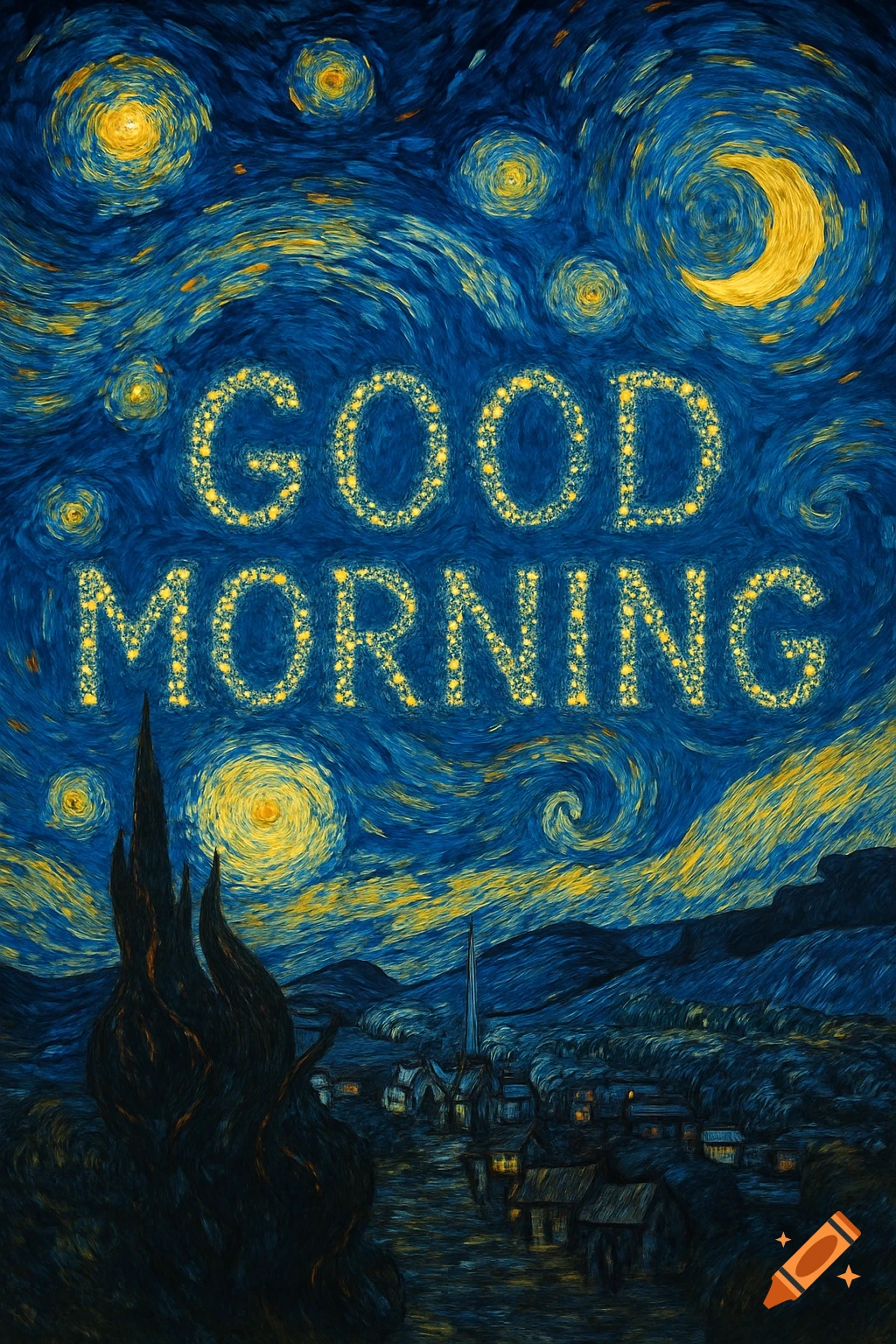 The words "GOOD MORNING" spelled in bright yellow stars against a dark blue, swirling, Van Gogh-style night sky over a village.