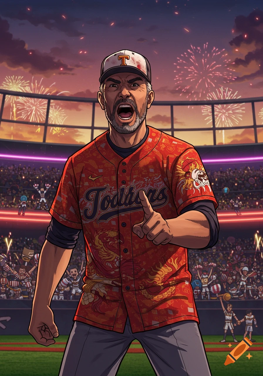 Vibrant illustration of an angry baseball coach in a red dragon-patterned jersey, screaming and pointing in a crowded stadium with fireworks.