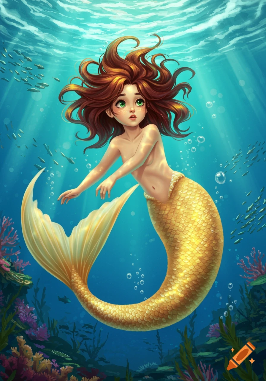 A whimsical illustration of a red-haired mermaid with a golden tail, swimming in a vibrant blue ocean among fish and coral.