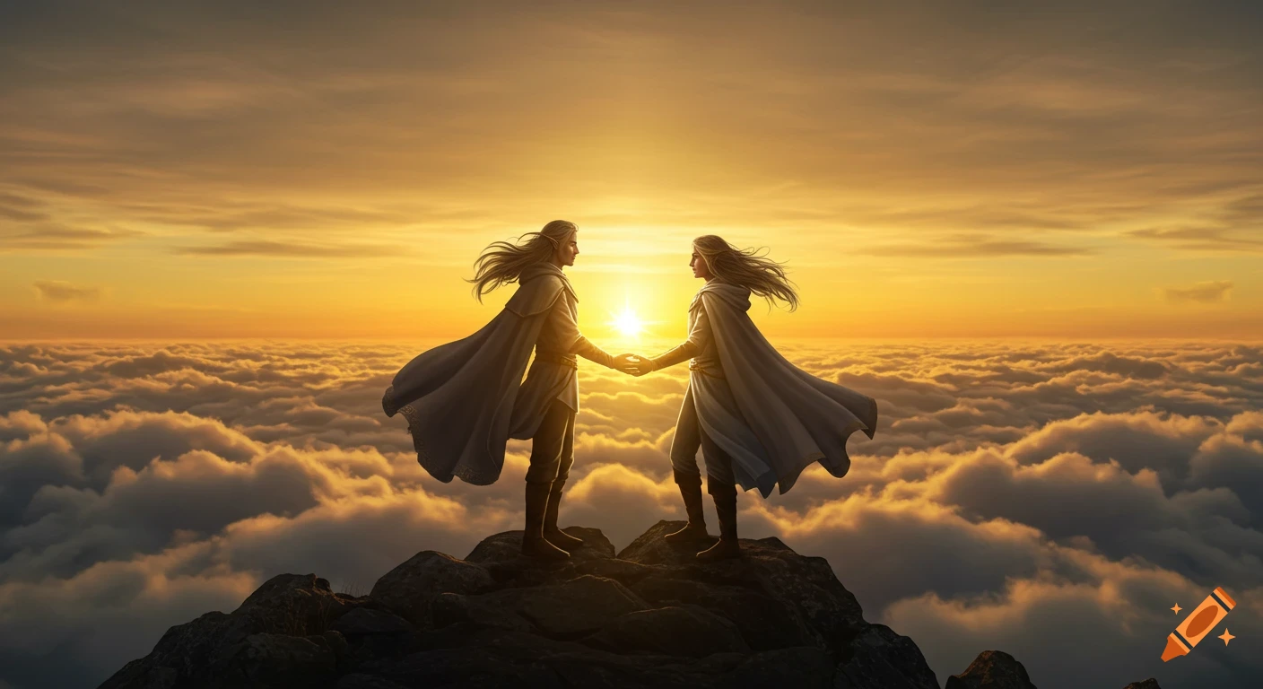 Two elven-like figures hold hands on a mountain peak above clouds at a golden sunrise, in epic fantasy artwork.