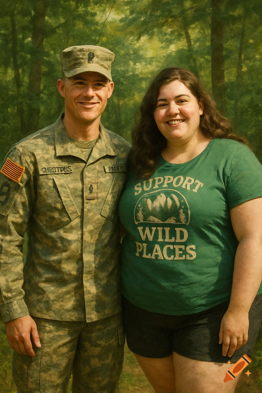 A smiling U.S. Army sergeant in camouflage stands next to a smiling woman in a green 'Support Wild Places' t-shirt, outdoors.