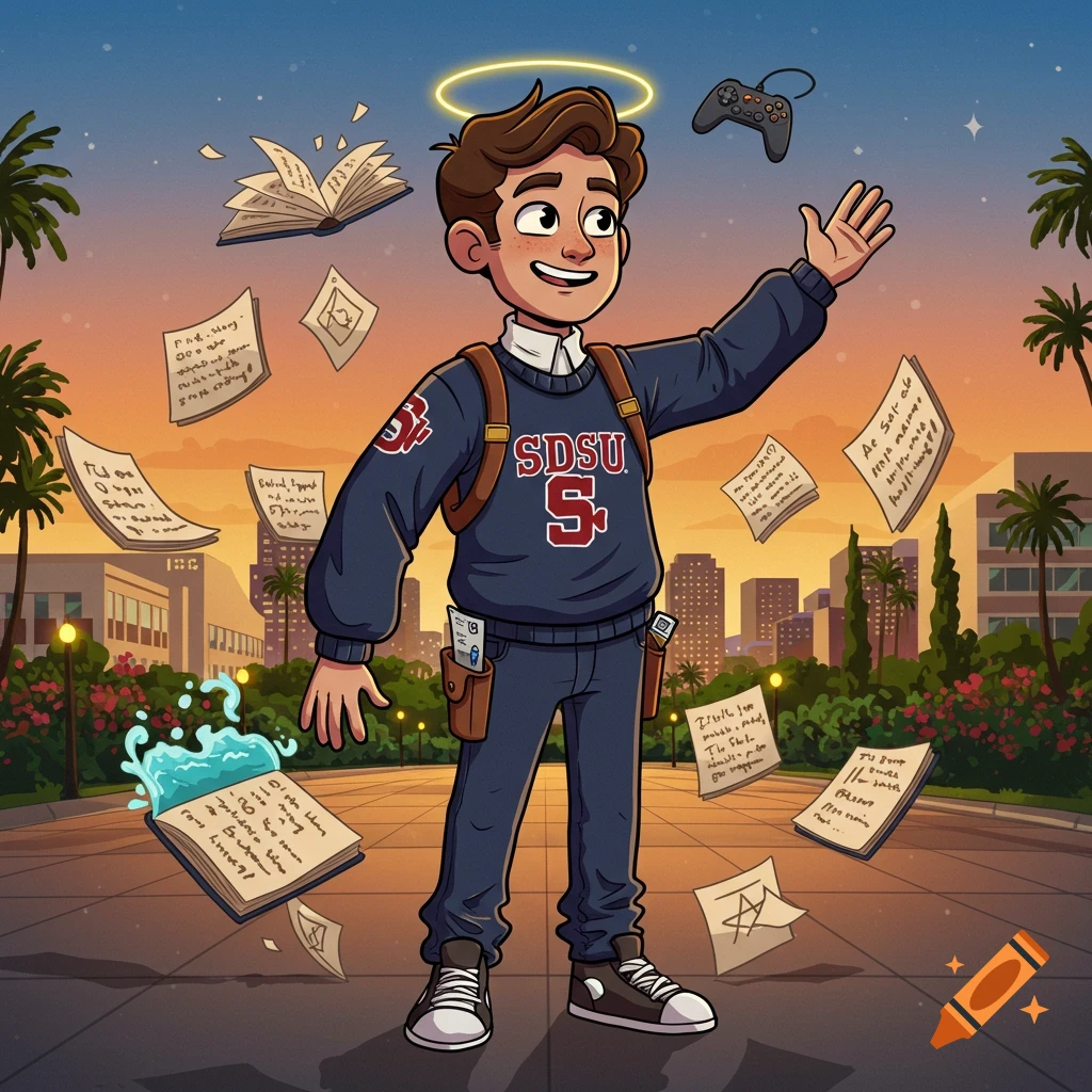 Cartoon illustration of a male San Diego State University student with a halo, backpack, and objects representing writing, swimming, and gaming floating around him in a city sunset.