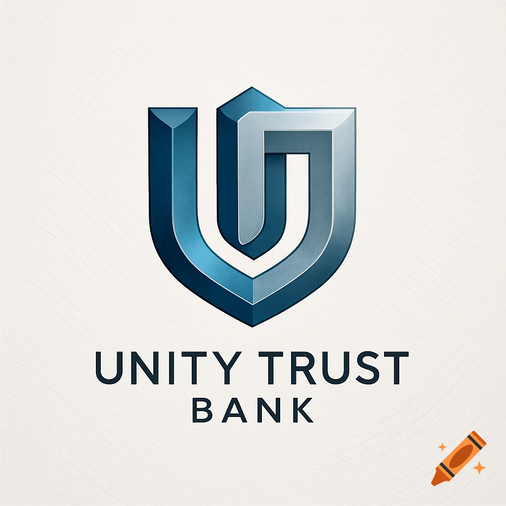Stylized blue and grey shield logo for Unity Trust Bank on a light textured background.