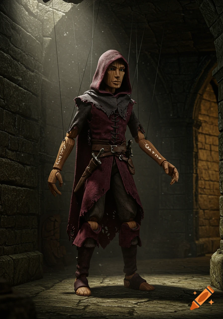 A photorealistic wooden marionette rogue in tattered medieval clothing stands in a dimly lit stone dungeon, runes carved on its arms.