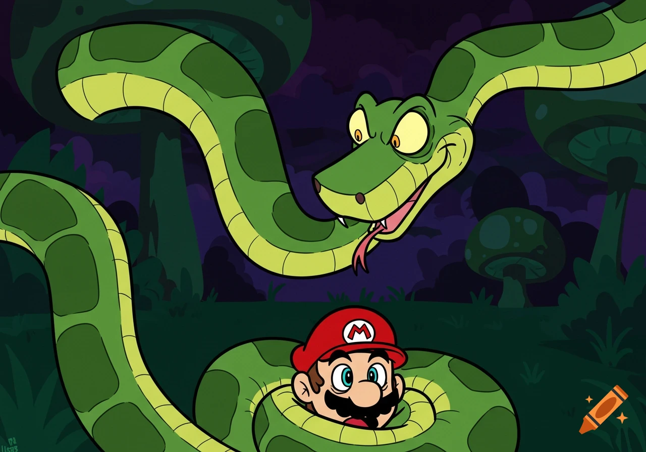 Cartoon Mario is caught and constricted by a large green python in a dark, stylized jungle.